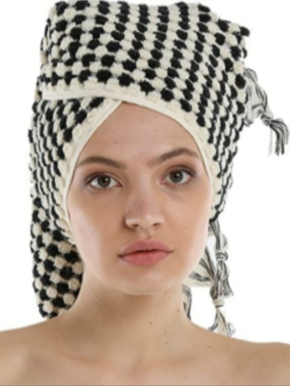 Turkish Spa Cotton Hair Towel Peshtemal Black Natural White PomPom Checkerboard